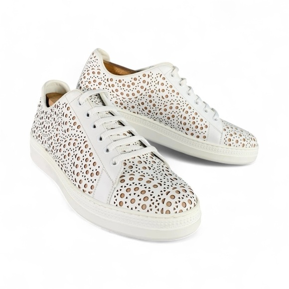 Alaia Shoes - Alaia  Size 9 White Tan Laser Cut
Leather Lace-Up Low Top
Sneakers